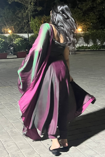 Dhiyona ST 3 pc Suit - Purple Green Satin Sleeveless Anarkali with Glass Trim