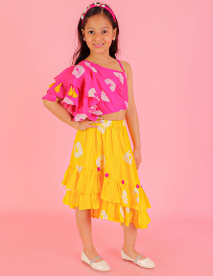 Girls Fusion Tie & Dye Tiered Skirt with one shoulder Top with pom pom detailing