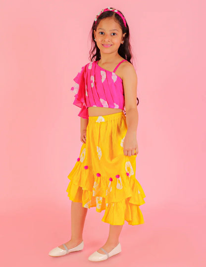 Girls Fusion Tie & Dye Tiered Skirt with one shoulder Top with pom pom detailing