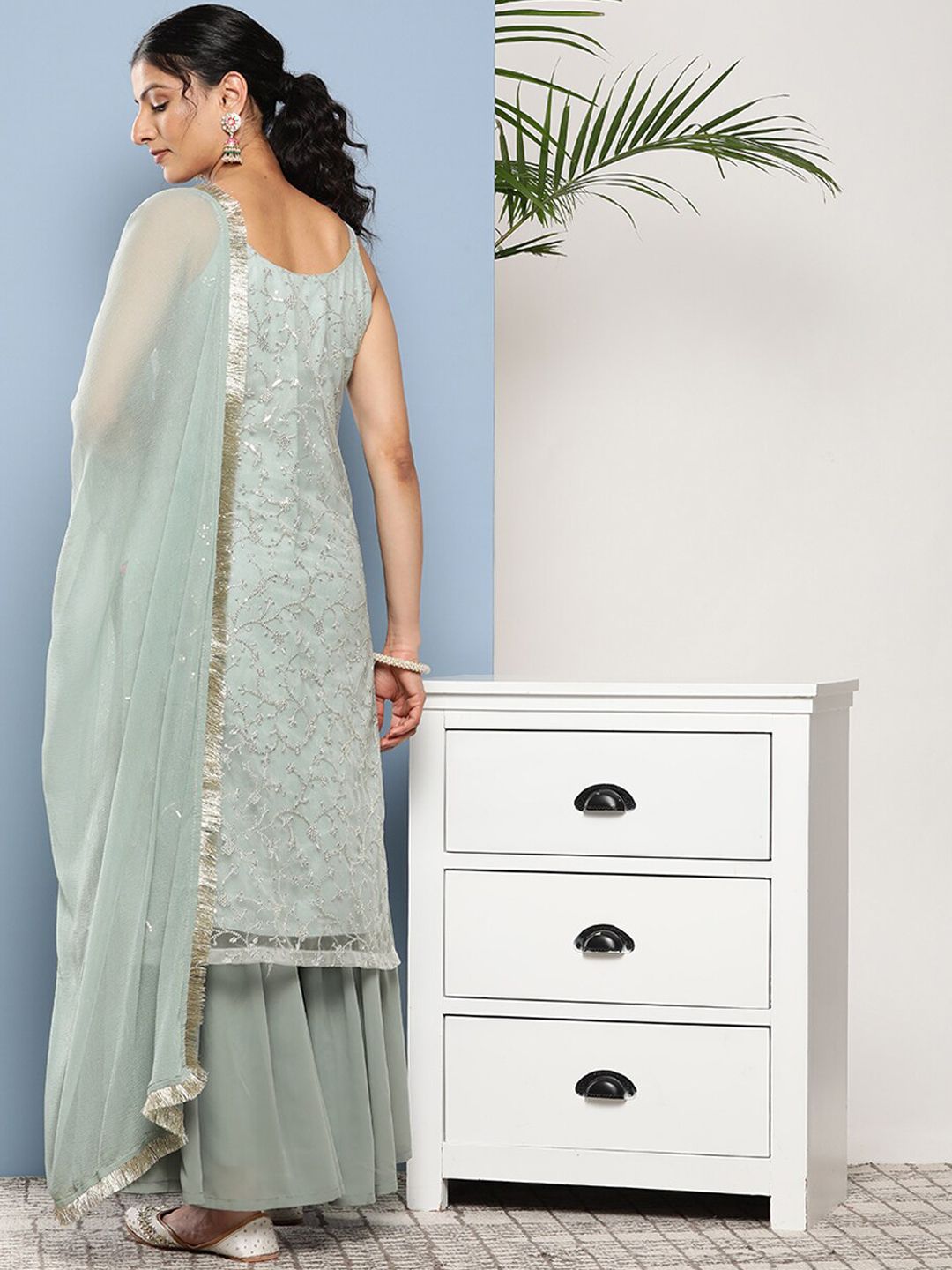 Dhiyona KL Floral Embroidered Regular Sequinned Shoulder Straps Kurta with Sharara & Dupatta