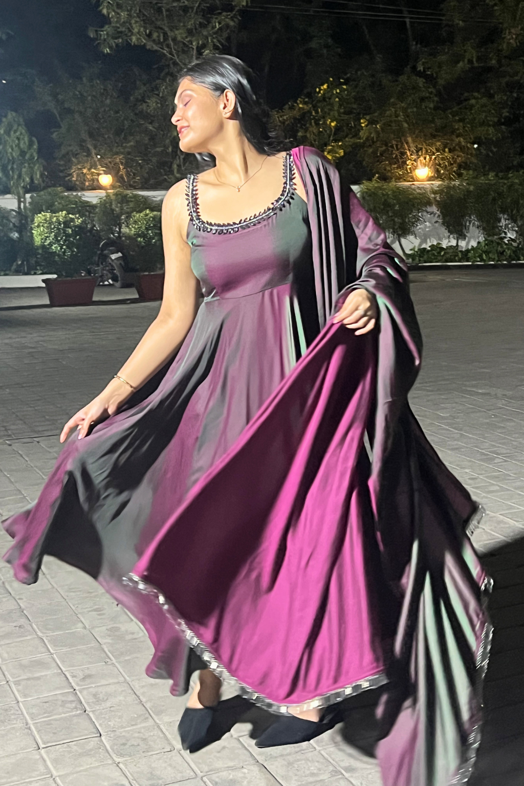 Dhiyona ST 3 pc Suit - Purple Green Satin Sleeveless Anarkali with Glass Trim