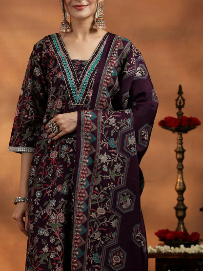 Women's LB Wine Printed Silk Blend A-Line Kurta With Salwar & Dupatta