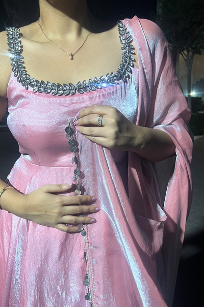 Dhiyona ST 3 pc Suit - Pink Blue Metallic Sleeveless Anarkali with Glass Trim