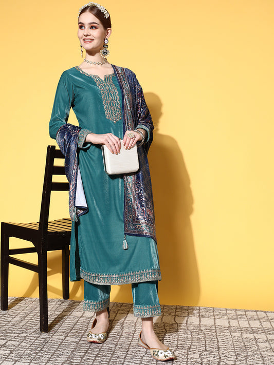 Women Floral Velvet Kurta Set