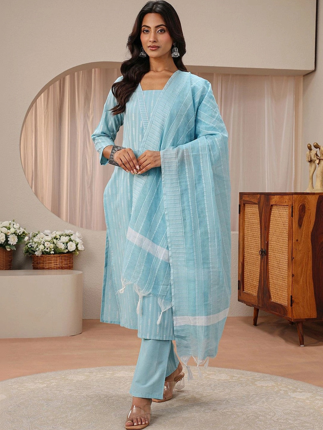 Libas Blue Striped Woven Design Straight Suit Set