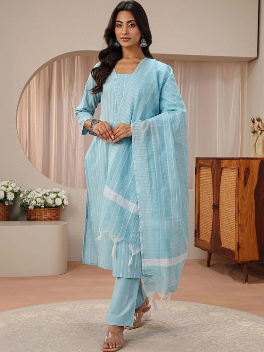 Libas Blue Striped Woven Design Straight Suit Set