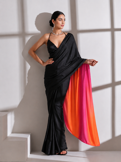 Dhiyona ST Black Surprise Saree with Pink Orange Satin and Black Blouse Fabric