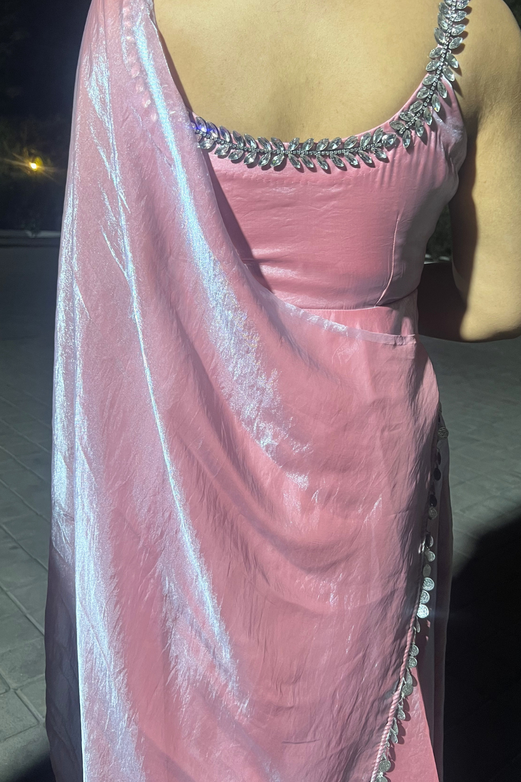 Dhiyona ST 3 pc Suit - Pink Blue Metallic Sleeveless Anarkali with Glass Trim