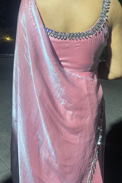 Dhiyona ST 3 pc Suit - Pink Blue Metallic Sleeveless Anarkali with Glass Trim