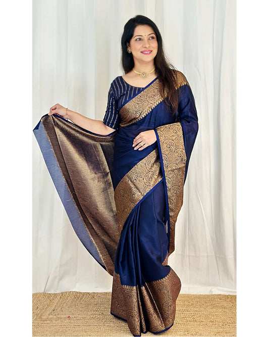 Dhiyona HH Navy Blue Banarasi Woven Soft Saree with Antique Zari Border & Pallu