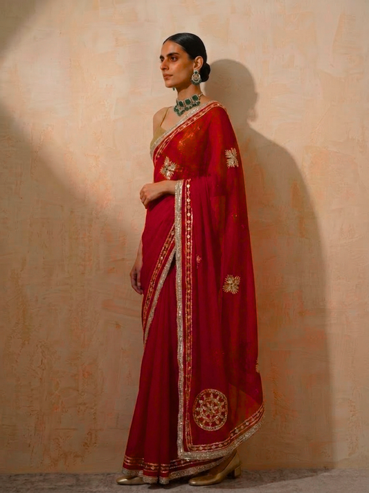 Dhiyona ST Red Chiffon Saree with Handwork Gota Patti Patches with Self Fabric Blouse