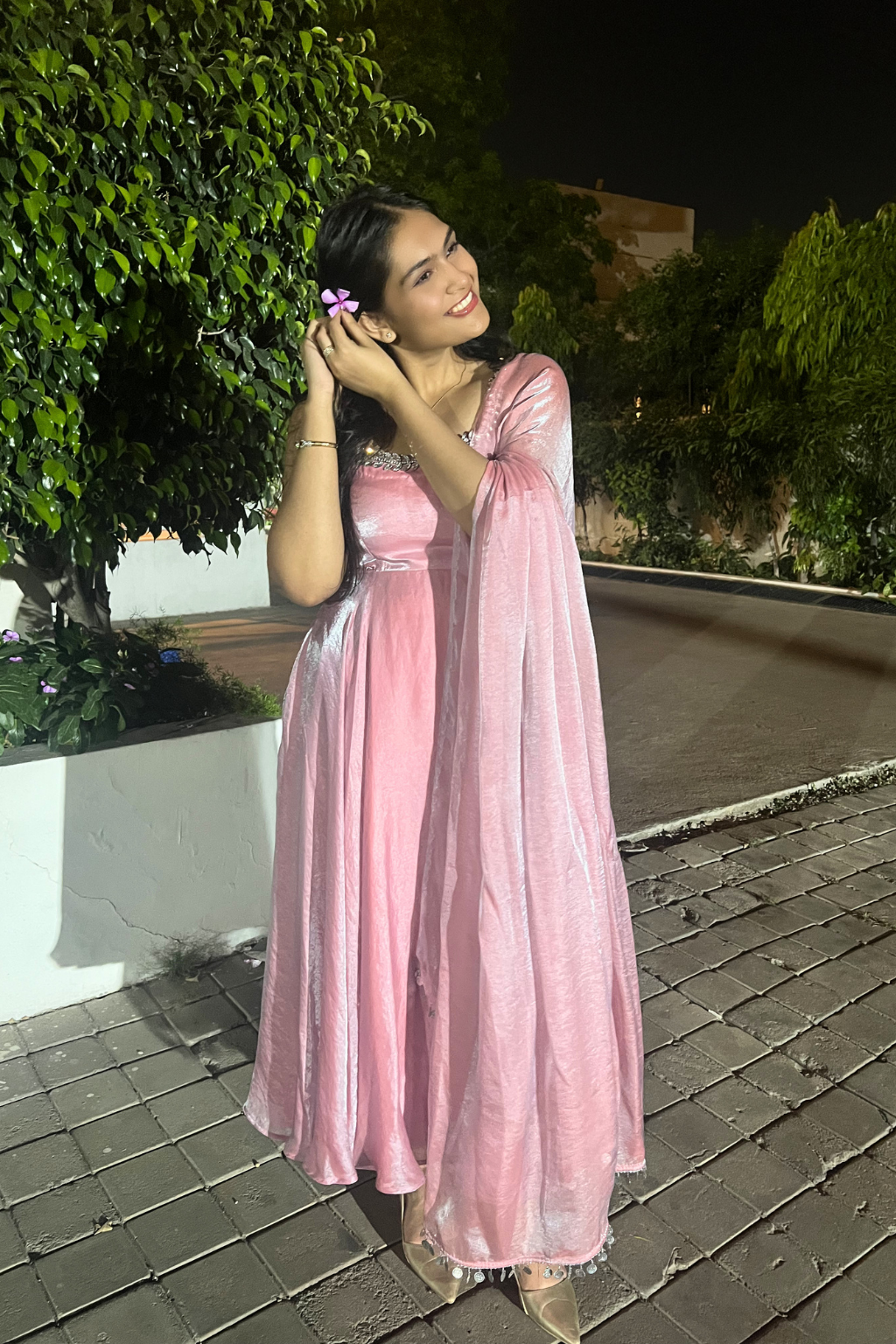 Dhiyona ST 3 pc Suit - Pink Blue Metallic Sleeveless Anarkali with Glass Trim