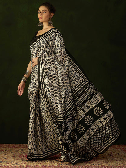 Women's Bhagalpuri Silk Beige Printed Designer Saree With Blouse Piece