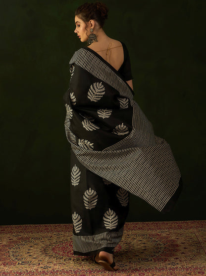Women's Bhagalpuri Silk Black Printed Designer Saree With Blouse Piece