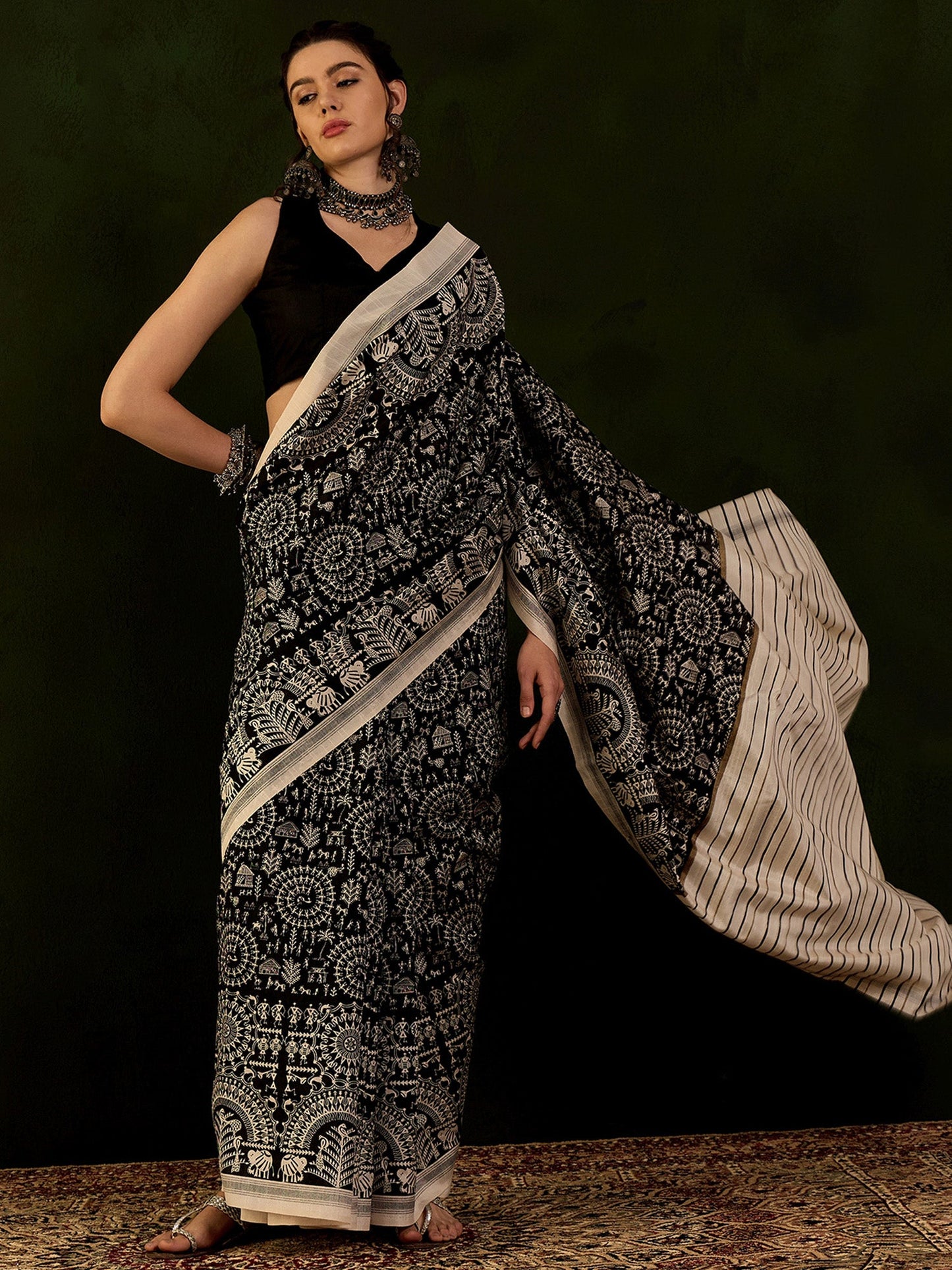 Women's Bhagalpuri Silk Black Printed Designer Saree With Blouse Piece