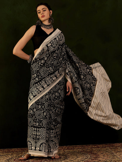 Women's Bhagalpuri Silk Black Printed Designer Saree With Blouse Piece