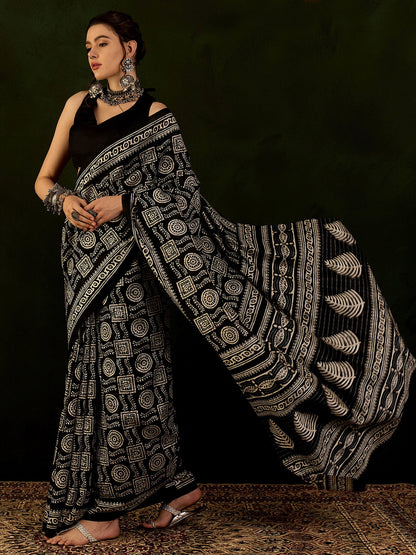 Women's Bhagalpuri Silk Black Printed Designer Saree With Blouse Piece