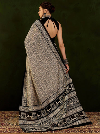 Women's Bhagalpuri Silk Beige Printed Designer Saree With Blouse Piece