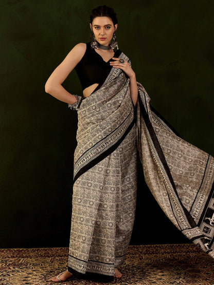 Women's Bhagalpuri Silk Beige Printed Designer Saree With Blouse Piece