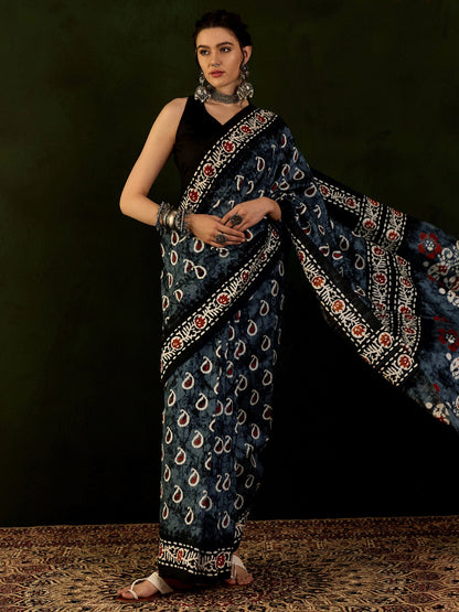 Women's Bhagalpuri Silk Grey Printed Designer Saree With Blouse Piece