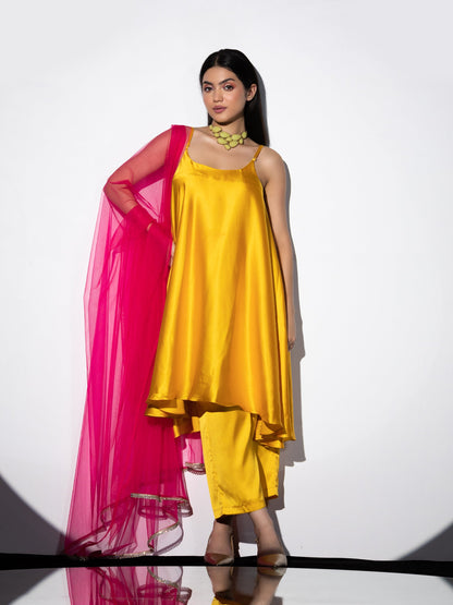 Dhiyona ST Women's Yellow Satin Dress with Pants and Net Dupatta with Lace 3 Piece Set | A-Line, Round Neck, Sleeveless, Pants, Partywear, (Satin)