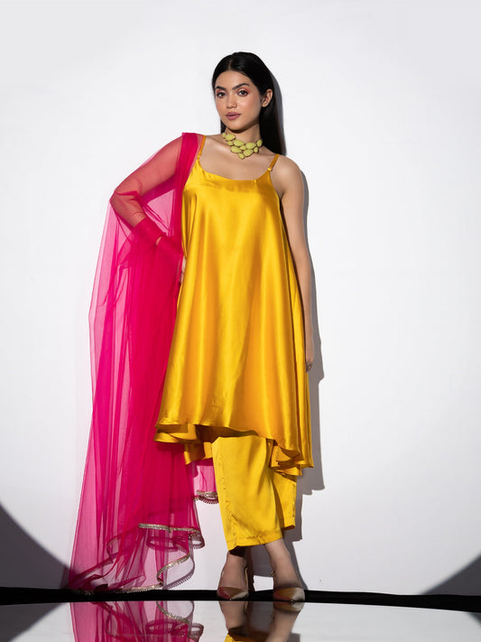 Dhiyona ST Women's Yellow Satin Dress with Pants and Net Dupatta with Lace 3 Piece Set | A-Line, Round Neck, Sleeveless, Pants, Partywear, (Satin)