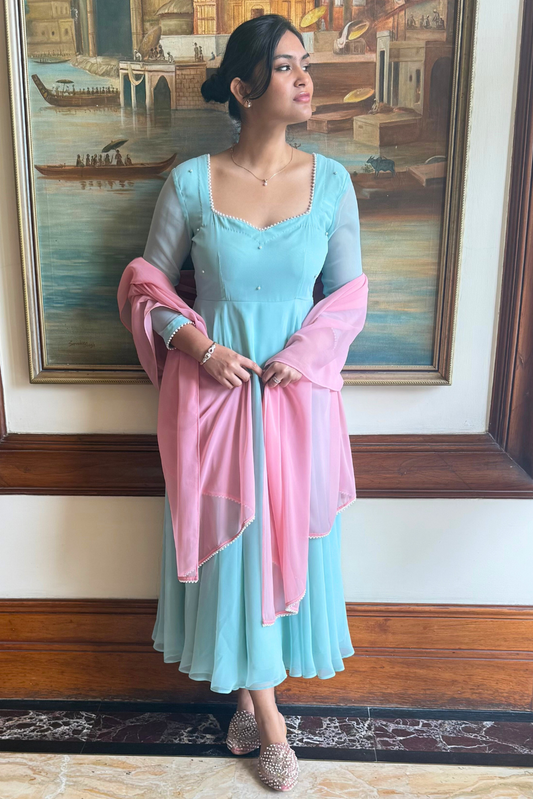 Dhiyona ST 3 pc Suit Set -Light Blue Pearl Edge Georgette 3/4th Sleeve Anarkali with Pink Dupatta and Pants