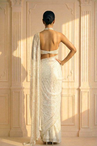 Dhiyona ST Cloud Dancer Knitted Sequin Saree with Self Blouse Fabric