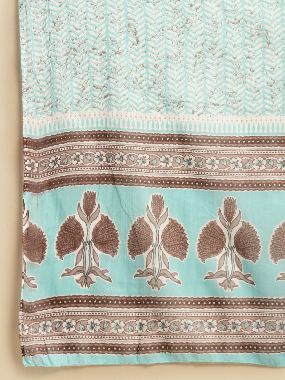 Sea Green & Brown Floral Printed Pure-Cotton Straight Kurta With Trouser & Dupatta