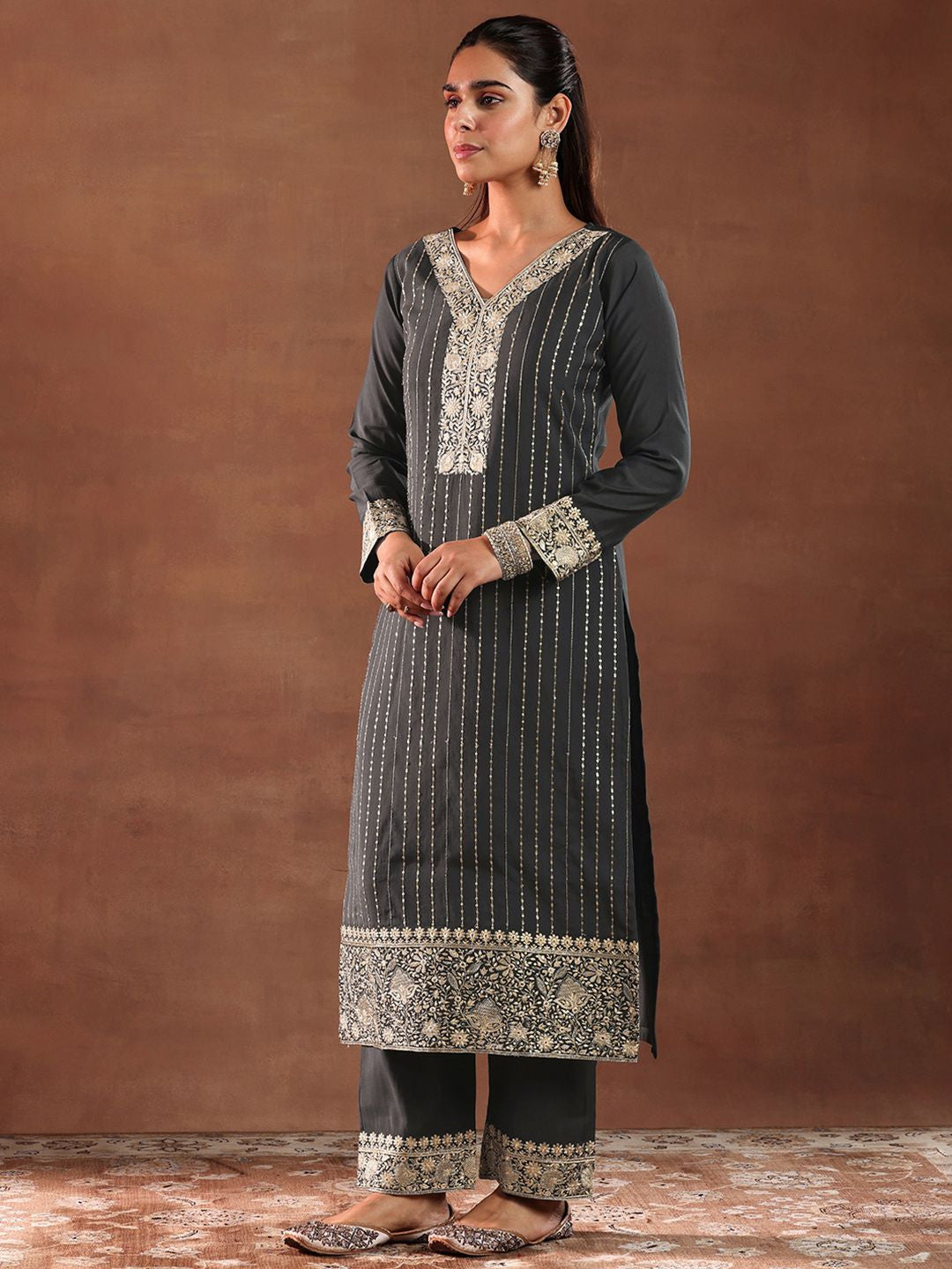 Black and Grey Floral Embroidered Thread Work Kurta with Trouser & Dupatta