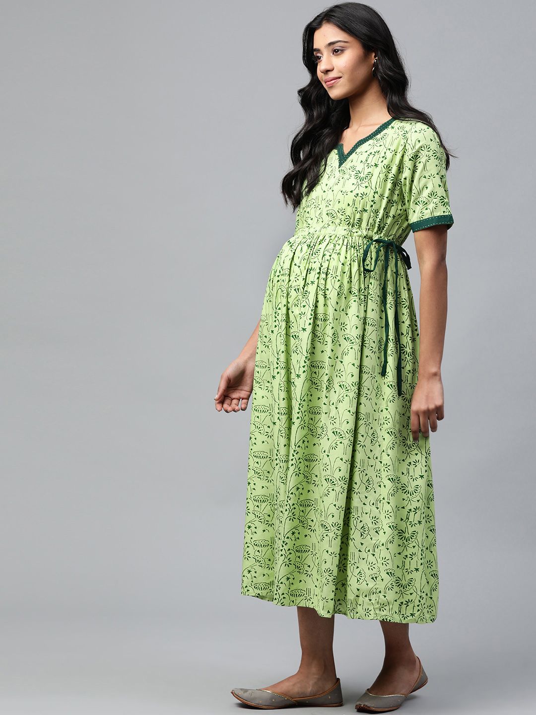 Dhiyona AY Women's Green Printed A-Line Nursing Dress