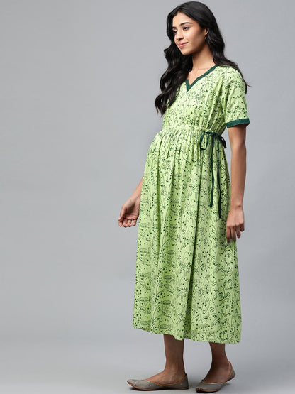 Dhiyona AY Women's Green Printed A-Line Nursing Dress