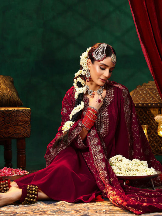Red Yoke Design Sequinned Velvet Straight Kurta with Trouser & Dupatta