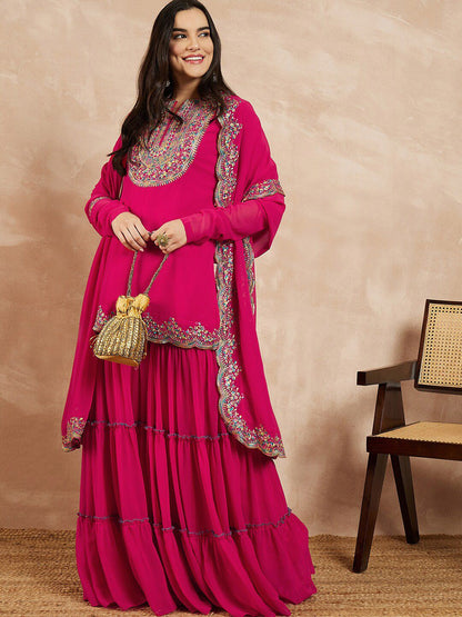 Dhiyona IN Pink & Gold Toned Yoke Design Embroidered Straight Kurta With Sharara & Dupatta
