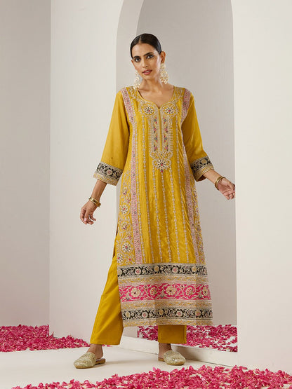 Dhiyona IS Women's Ethnic Motifs Embroidered Regular Gotta Patti Straight Kurta with Trousers & Dupatta
