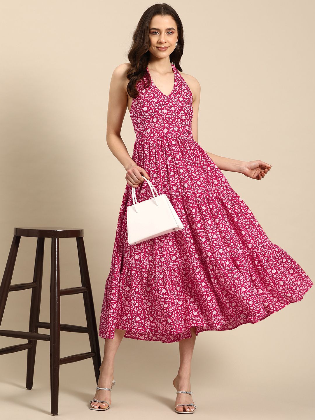 Dhiyona AY Women's Floral Print Halter Neck Fit & Flare Pure Cotton Midi Dress