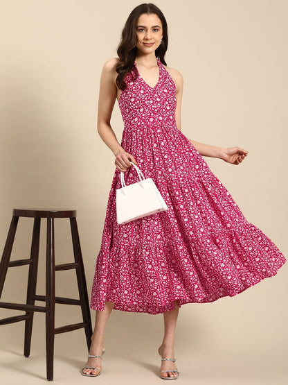 Dhiyona AY Women's Floral Print Halter Neck Fit & Flare Pure Cotton Midi Dress