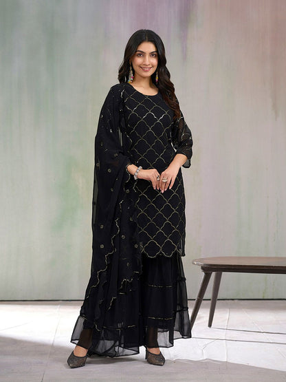 Dhiyona CH Floral Embroidered Sequinned Georgette Straight Kurta With Sharara & Dupatta