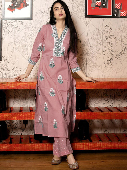 Dhiyona KL Floral Printed V-Neck Straight Kurta With Palazzos And Dupatta