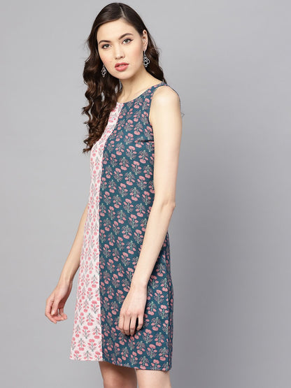 Dhiyona AY Women's Teal Blue & Pink Printed A-Line Dress