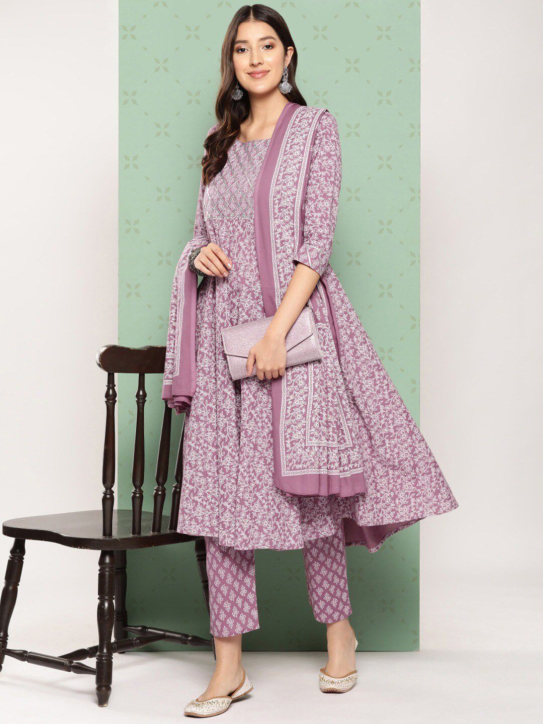 Dhiyona KL Ethnic Motifs Printed Pure Cotton Anarkali Kurta with Trousers & Dupatta