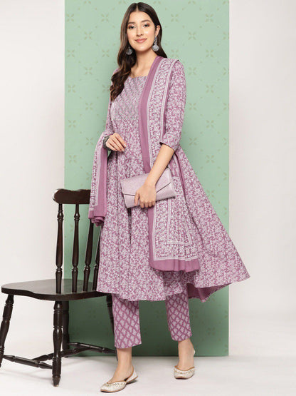 Dhiyona KL Ethnic Motifs Printed Pure Cotton Anarkali Kurta with Trousers & Dupatta
