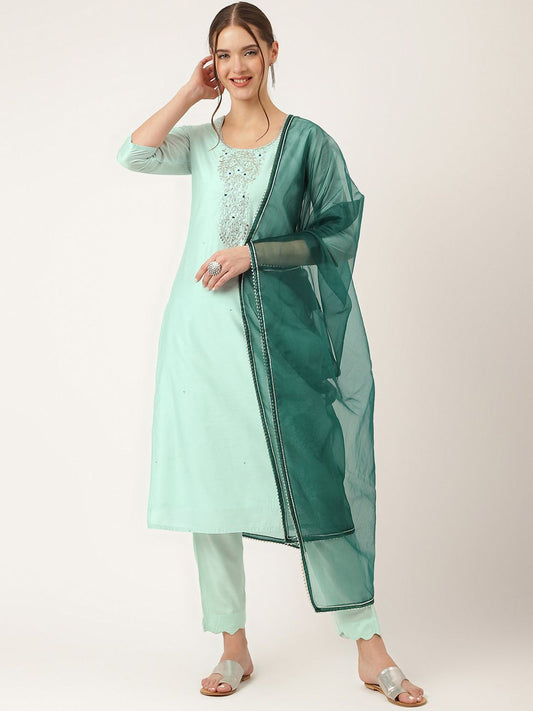Dhiyona KL Floral Embroidered Beads and Stones Straight Kurta With Trousers & Dupatta