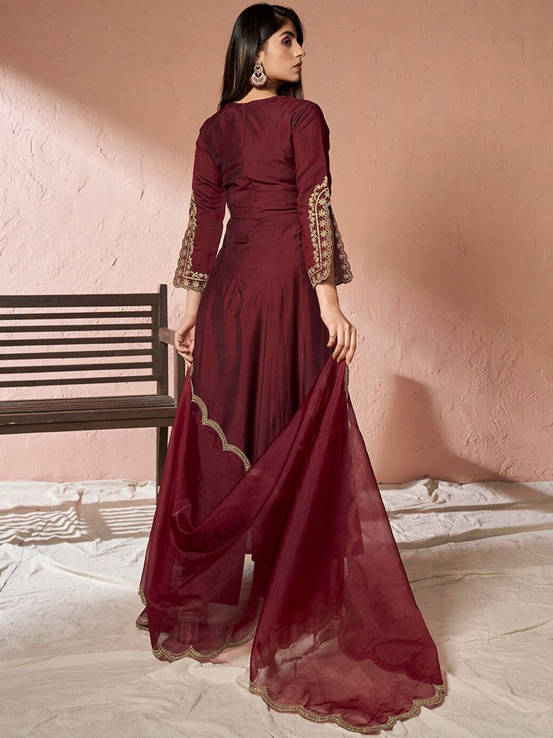 Dhiyona IN Ethnic Motifs Embroidered Pure Silk Kurta with Palazzos & Dupatta