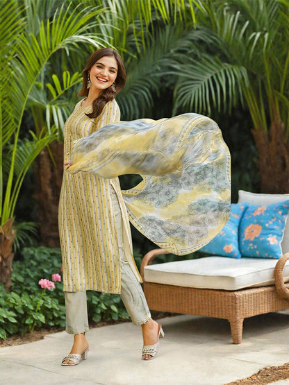 Dhiyona IS Women's Women Striped Thread Work Silk Chiffon Kurta with Trousers & Dupatta