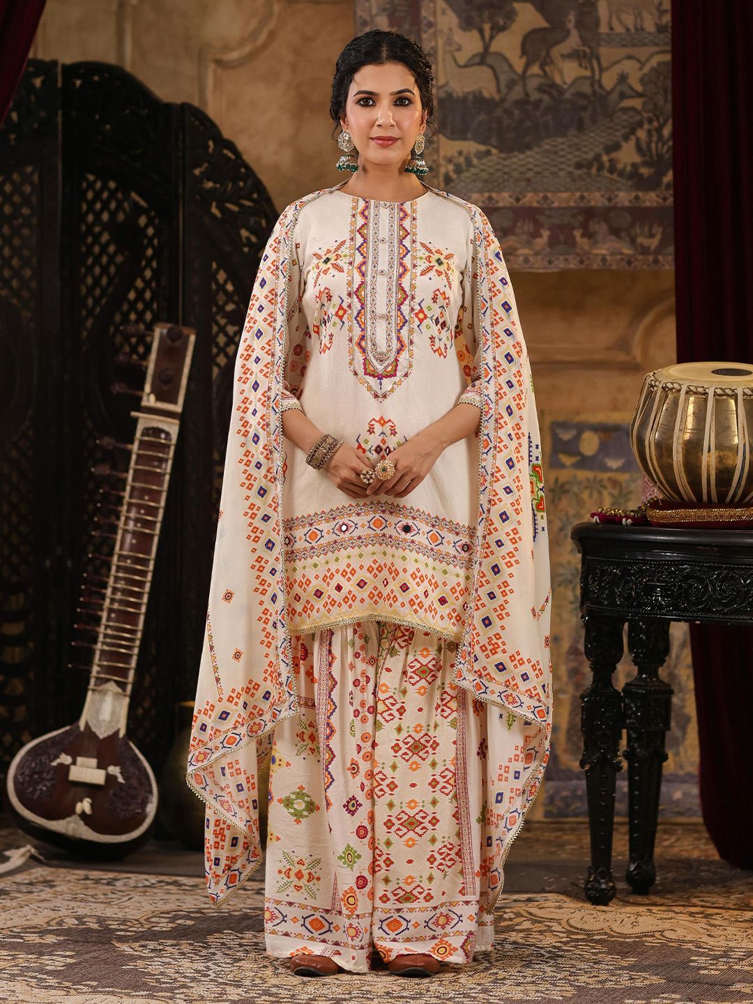 Dhiyona SC Geometric Printed Mirror Work Chanderi Silk Kurti with Sharara & Dupatta
