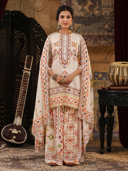 Dhiyona SC Geometric Printed Mirror Work Chanderi Silk Kurti with Sharara & Dupatta