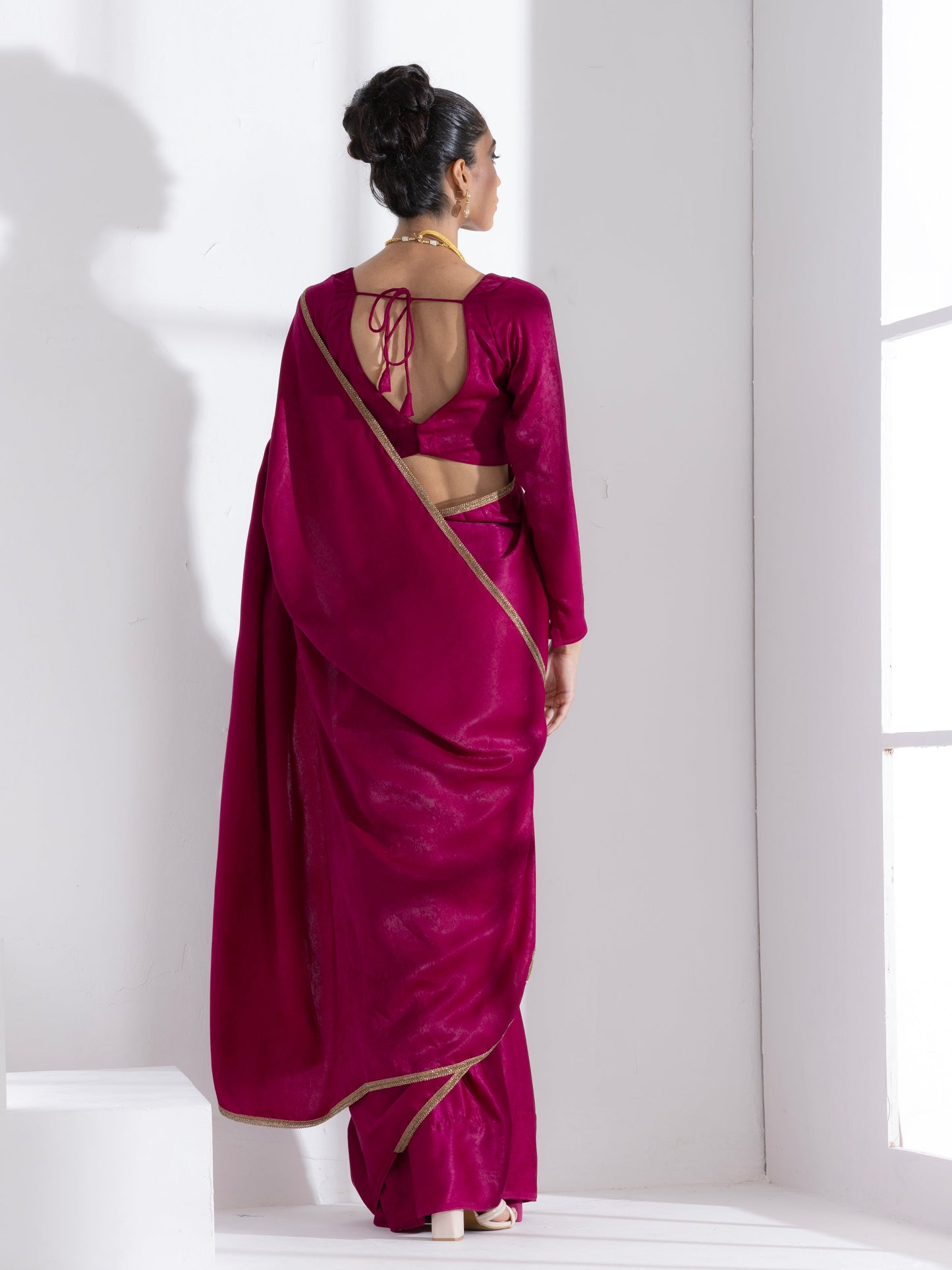 Dhiyona ST Posh Wine Saree with Bronze Lace and Self Blouse Fabric