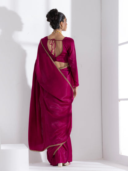 Dhiyona ST Posh Wine Saree with Bronze Lace and Self Blouse Fabric