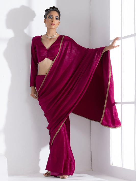 Dhiyona ST Posh Wine Saree with Bronze Lace and Self Blouse Fabric